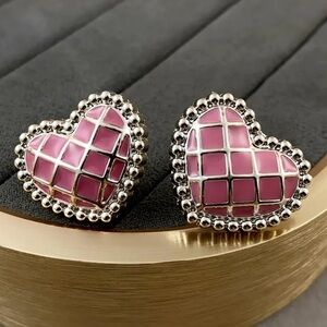 Pink Enamel Heart Stud Earrings Silver Beaded Edge Cute Romantic NWT